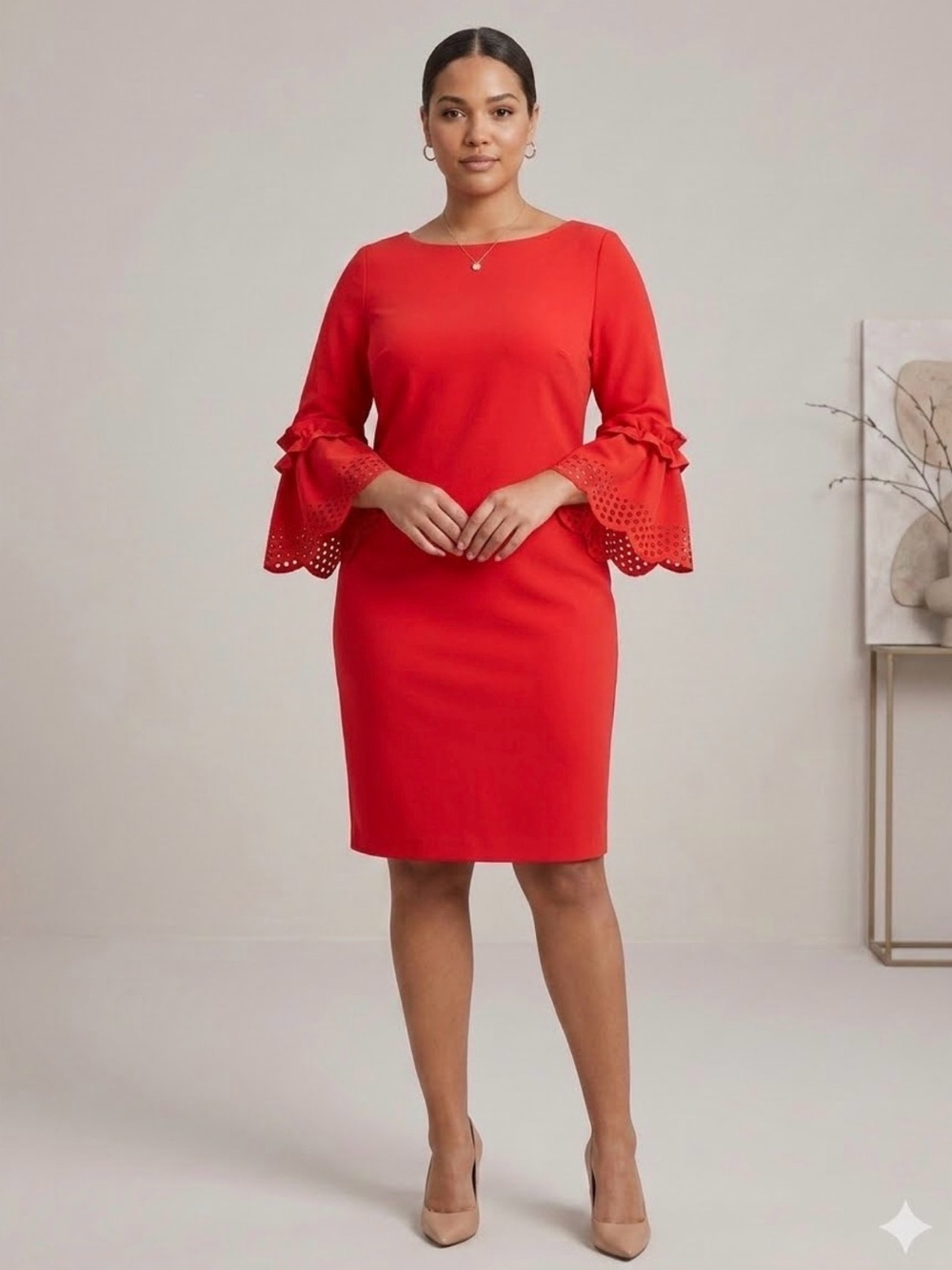 Jessica Howard Ruffle Eyelet‎ Bell Sleeve
Shift Dress Vibrant Coral Size 16